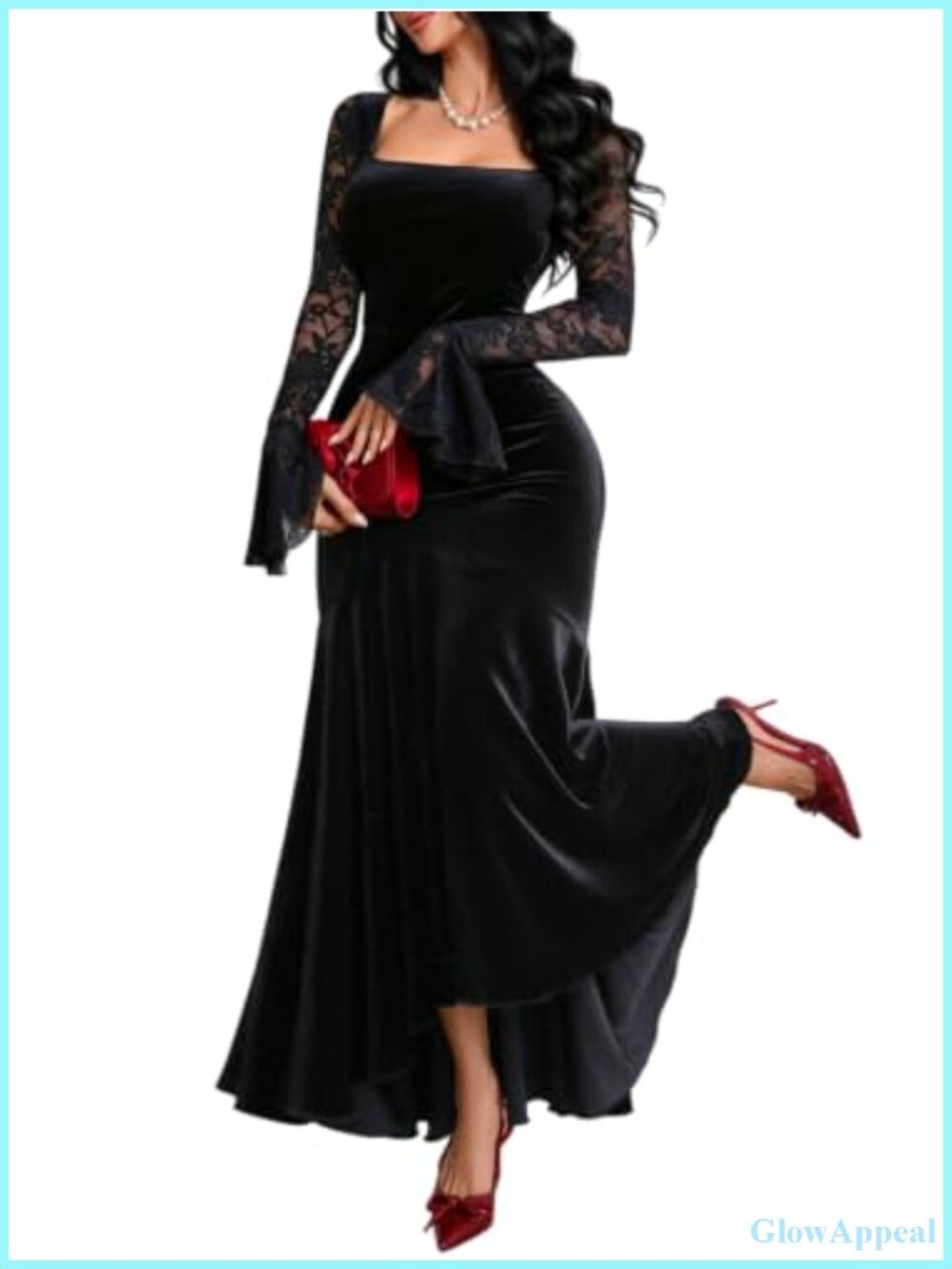 Velvet Lace Bell Sleeve High Low Mermaid Prom Party Dress